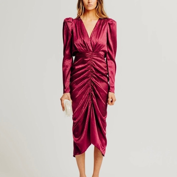 Torn by Ronny Kobo Dresses & Skirts - Ronny Kobo Astrid Large Dress Wine Animal Jacquard Ruched Puff Sleeve Midi Dress